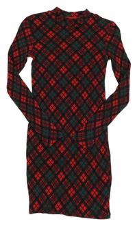 Červeno-zeleno-černé kostkované žebrované šaty H&M