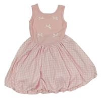 Světlerůžovo-bílé žebrované šaty s mašlemi a kostkovanou sukní Shein