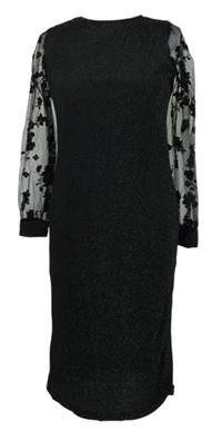 Dámské černé třpytivé šaty s tylovými květovanými rukávy 