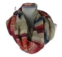 Dámská béžovo-červeno-modrá pruhovaná límcová šála 