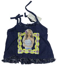 Tmavomodrý riflový crop top s Barbie
