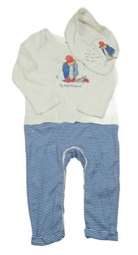 Nové - 2set- bílo-modrý overal s medvídkem Paddington+ slinták