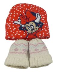 2set - Červená puntíkatá čepice s Minnie + pletené rukavice se vzorem