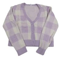 Lila-bílý kostkovaný chlupatý crop propínací svetr Lindex