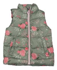 Khaki šusťáková prošívaná zateplená vesta s květy Dopodopo