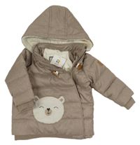 Nové - Světlehnědá melírovaná prošívaná šusťáková zimní bunda s medvědem a kapucí Topomini