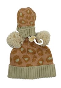 Nové - 2 set - růžovo-béžová leopardí pletená čepice + rukavice George