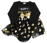 Černé šatové body s nápisem, mašlí a puntíkatou tylovou sukní 