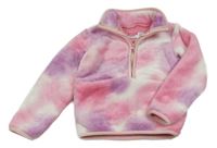 Růžovo-bílá batikovaná chlupatá zateplená bunda se stojáčkem