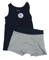 2set - Tmavomodré tílko s loďkou + šedé melírované boxerky