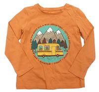 Oranžové triko s autobusem a horami Tu