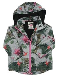 Šedá květovaná šusťáková jarní bunda s tygry a kapucí H&M