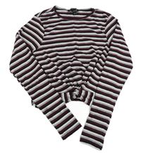 Černo-vínovo-šedé pruhované žebrované crop triko New Look