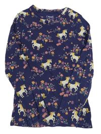 Tmavomodré žebrované triko s jednorožci Next