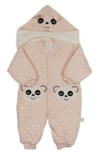 Světlerůžová tepláková zateplená kombinéza s pandami a odepínací kapucí