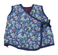 Tmavomodrá šusťáková zateplená zavinovací vesta s kytičkami 