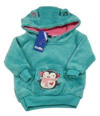 Nové - Tyrkysová plyšová mikina s tučňákem a kapucí Lupilu 