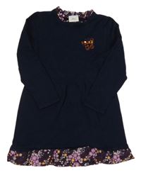 Tmavomodré svetrové šaty s kytičkovanými volánky S. Oliver 