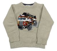 Béžový svetr s hasičským autem z překlápěcích flitrů C&A