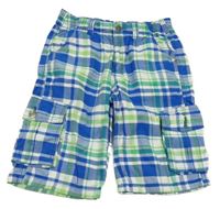 Modro-bílo-zelené kostkované plátěné cargo kraťasy Yigga