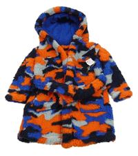 Nové - Modro-oranžovo-šedý huňatý župan s kapucí Dunnes