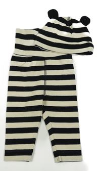 2set - Černo-smetanové pruhované tepláky + čepice H&M