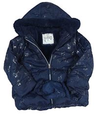 Tmavomodrá šusťáková zimní bunda s jednorožci a kapucí + rukavice M&S 