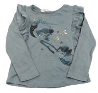 Šedomodro-světlešedé žebrované triko s akrobatkami a flitry a volánky H&M