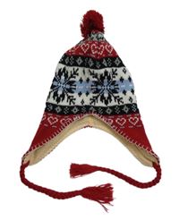 Nové - tmavočerveno-černo-bílo-modrá vlněná čepice s vločkami a bambulí 