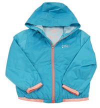 Azurovo-koráílovo/stříbrná šusťáková jarní bunda s číslem a srdíčky a kapucí C&A