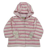 Růžovo-světlerůžovo-bílá pruhovaná fleecová propínací mikina s medvídky a kapucí s oušky Topolino