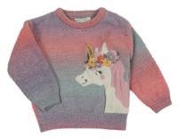 Růžovo-světlemodro-modrofialový vlněný svetr s jednorožcem s flitry PRIMARK