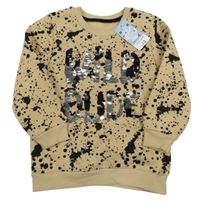 Nové - béžovo-černá vzorovaná skvrnitá mikina s nápisy z překlápěcích flitrů Matalan