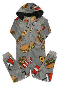 Šedá melírovaná plyšová kombinéza s jídlem a nápoji a kapucí Matalan