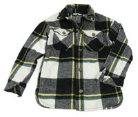 Černo-bílo-tmavozeleno-žlutá kostkovaná vlněná košilová bunda H&M