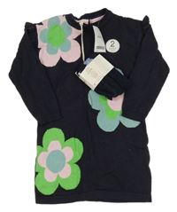 Nové - 2Set - Tmavomodré pletené šaty s květy a volánky + punčocháče Next