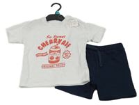 Nové - 2Set - Tmavomodré teplákové kraťasy + bílé tričko s plechovkou a nápisy F&F