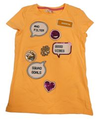 Nové - neonově oranžové tričko s nápisy a smajlíky s flitry Bluezoo