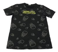 Černé tričko s lebkami a nápisy LC WaiKIKI