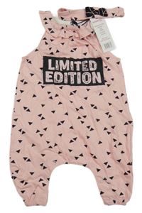 Nové - 2Set - Světlerůžovo-černé vzorované laclové turecké tepláky s nápisy a volánkem + čelenka MINIKIDZ