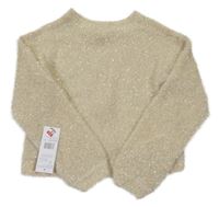 Nové - smetanovo-zlatý melírovaný chlupatý oversize crop svetr F&F