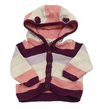 Fialovo-bílo-růžový pruhvaný propínací svetr s kapucí s oušky Lupilu 