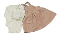 3set - Růžové žebrované sametové šaty s králíkem + smetanové žebrované body + punčocháče Next