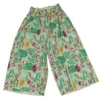 Zelené květované plisované culottes kalhoty