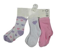 Nové - 3x ponožky - bílé se srdíčky + bílé se srdcem + růžové C&A