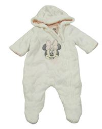 Bílá vzorovaná chlupatá zateplená kombinéza s Minnie a kapucí C&A