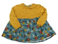 Okrovo-šedozelené šaty s květy a mašlí