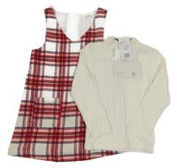 Nové - 2set - Bílo-červeno-tmavomodré kostkované vlněné šaty + smetanové žebrované triko se stojáčkem F&F