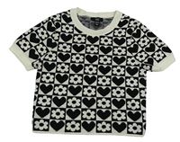 Smetanovo-černé kostkované pletené crop tričko s květy a srdíčky New Look