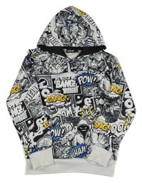 Bílo-černá mikina s komiksem a kapucí